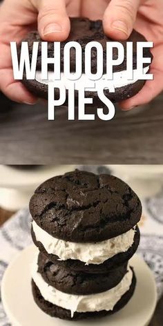 a chocolate cookie sandwich with whipped cream on top and the words whoope pies above it