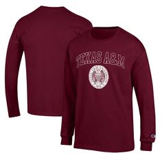 Represent your beloved Texas A&M Aggies with the Champion Maroon Texas A&M Aggies 12th Man Long Sleeve T-Shirt. This officially licensed shirt proudly displays the Aggies logo, showcasing your unwavering support for the team. Its comfortable cotton jersey material and slightly dropped shoulders provide a relaxed fit, perfect for cheering on the Aggies from the stands or wherever you go. Fall Varsity T-shirt With Logo Print, Collegiate Long Sleeve T-shirt For College, Fall Fan Apparel T-shirt With Logo Print, Crew Neck T-shirt With University Logo For Fall, Long Sleeve Cotton T-shirt With Team Spirit, Long Sleeve Cotton T-shirt With Team Name, Long Sleeve Cotton T-shirt With University Logo, Long Sleeve Cotton T-shirt For Fans, Collegiate Fan Merchandise T-shirt For Fall