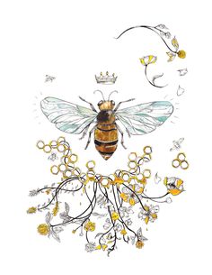 a drawing of a bee surrounded by honeybees and flowers with a crown on top