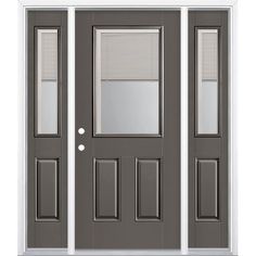 For instant control of light, heat transfer and privacy, choose from Masonite’s selection of door lites with built-in blinds. Sealed inside tempered safety glass, the blinds are protected from the dust and damage of everyday use. They’re also safe for children and pets because they have no exposed cords. Unlike the traditional steel or wood doors, this low maintenance, high-performance fiberglass door resists cracking, warping, splitting and denting. Masonite 60-in x 80-in x 4-9/16-in Fiberglass Single Front Door With Sidelights, Front Door With Sidelights, Door With Sidelights, Entry Door With Sidelights, Loft Door, Single Front Door, Wooden Garage Doors, Garage Door Types, Craftsman Door