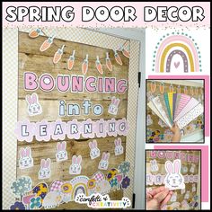 an easter door decoration with bunny ears and bunting in to learning words on it