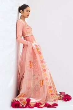 Mirha – Sania Maskatiya International Transitional Pink Chanderi Salwar Kameez, Pink Anarkali Kurta For Seasonal Transition, Pink Anarkali Kurta For Transitional Season, Pink Chanderi Long Sleeve Kurta, Pink Long Sleeve Chanderi Kurta, Traditional Pink Embroidered Lawn Suit, Designer Pink Salwar Kameez For Transitional Season, Pink Sharara With Straight Kurta For Transitional Seasons, Navratri Pink Set With Sheer Dupatta