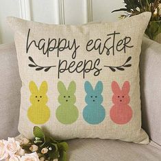 a pillow that says happy easter peeps on it