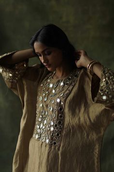 Begum Pret | Beige Sahiba Kaftan Set | INDIASPOPUP.COM Traditional Summer Kurta With Sequins, Traditional Sequined Summer Kurta, Festive Embellished Tunic Set, Traditional Sets With Mirror Work On Tunic, Embellished Palazzo Set For Navratri, Bohemian Embellished Palazzo Set For Eid, Traditional Festive Embellished Tunic, Festive Traditional Embellished Tunic, Bohemian Embellished Kurta For Navratri