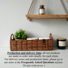 a shelf with some bottles and baskets on it