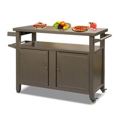 an outdoor kitchen cart with two trays and plates on the top, sitting against a white background