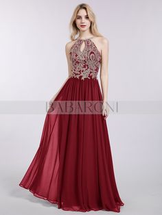 Babaroni Moira Gold Applique, Dress Ball Gown, Neckline Designs, Dress Halter, Applique Dress, Brides And Bridesmaids, Prom Gown, Lace Applique, Chiffon Fabric