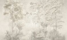 an image of a forest scene with trees and flowers on the wall in grey tones