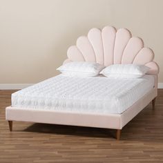 Baxton Studio Odille Modern Glam Light Pink Velvet Upholstered Walnut Brown Finished Wood Queen Size Seashell Shaped Platform Bed FredCo theFredCo Pink Velvet Fabric, Fabric Bed Frame, Glam Bedroom, Queen Platform Bed, Queen Size Bed Frames, Bed Lights, Baxton Studio, Pink Bedding, Cute Room Decor