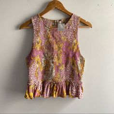 Cute Little Spring/Summer Top. Ruching Throughout, Pink & Yellow! Crochet High Neck, Ribbed Crochet, Tank Top Straps, Flowy Blouse, Pink Tank, Black Rib, Black Laces, Summer Top, Black Tank Tops