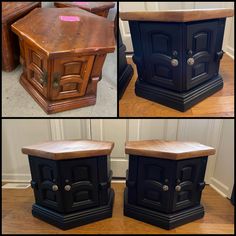 three different views of an old fashioned wooden box with doors and knobs on it