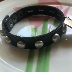 Black Leather And Studded Bracelet From Will Leather Goods. New With Tags Silver Leather Bracelets For Party, Casual Silver Jewelry With Black Band, Edgy Silver Jewelry With Black Band, Silver Metal Leather Bracelet For Festivals, Silver Edgy Leather Bracelet For Parties, Edgy Silver Leather Bracelet For Party, Silver Metal Bracelets With Black Band, Trendy Silver Leather Bracelet For Festivals, Silver Metal Bracelet With Black Band