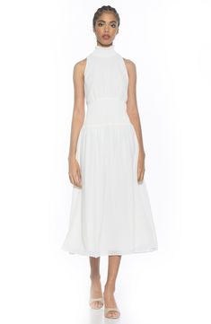 A sleeveless dress cut from lightweight chiffon features a ruffled, smocked mock neck and smocked waist in a charming fit-and-flare silhouette. 52 1/2" length (size 4) Back keyhole with button-and-loop closure Mock neck Sleeveless Lined 100% polyester Machine wash, tumble dry Imported White Sleeveless Chiffon Dress For Summer, Casual Fitted Sleeveless Chiffon Dress, White Sleeveless Chiffon Dress For Spring, White Sleeveless Chiffon Dress With Ruffles, White Sleeveless Ruffled Chiffon Dress, Elegant Ruched Chiffon Dress For Summer, Elegant Ruched Chiffon Summer Dress, White Sleeveless Chic Chiffon Dress, White Sleeveless Dress With Flowy Skirt