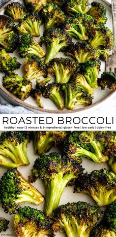 broccoli florets on a plate before and after being cooked in the oven