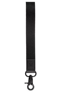 a black lanyard strap with a metal hook on the end and an eyelet