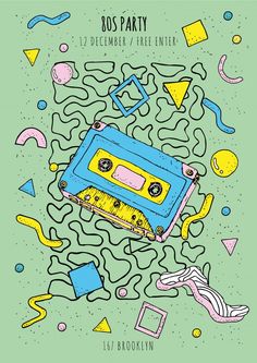 a blue cassette player surrounded by confetti and streamers on a green background