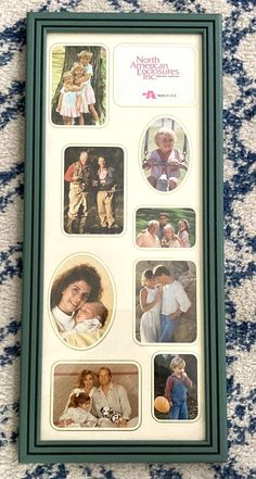 an old photo frame with pictures of people and their children on it's side