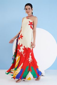 Multi-color and red maxi dress featuring abstract pattern all over with frill detailing in the front and bead embellished neck. Comes with an inner slip. - Aza Fashions Multicolor Abstract Print Maxi Dress, Multicolor Asymmetrical Dress With Print, Sleeveless Abstract Print Maxi Dress, Multicolor Abstract Print Sleeveless Maxi Dress, Multicolor Print V-neck Maxi Dress With Abstract Design, Beaded Neckline, Red Dress Maxi, Aza Fashion, One Shoulder Dress