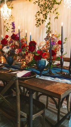 the table is set with flowers and candles