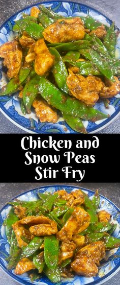 chicken and snow peas stir fry on a plate with the words chicken and snow peas stir fry