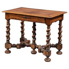 an old wooden table with two legs and a drawer on one end, sitting against a white background