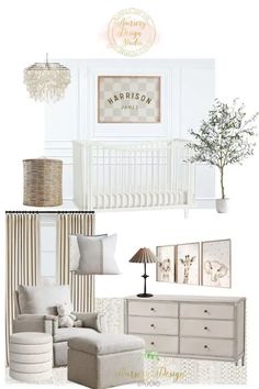 a baby's nursery room with white furniture and neutral decor, including a crib