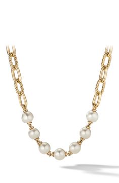 18-karat yellow gold. Cultured South Sea white pearls. Push-clasp closure. Necklace, 18" length. Pearl size: 13mm. Made in Italy. Style Name:David Yurman Madison Pearl Chain Necklace. Style Number: 6142364. Texture Jewelry, David Yurman Necklace, Pearl Chain Necklace, David Yurman Jewelry, Gold Pearl Necklace, South Sea Pearls, Pearl Chain, Pearl Size, David Yurman