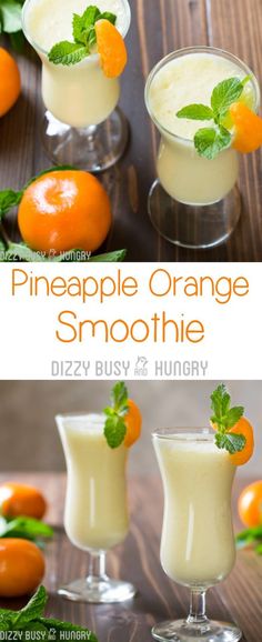 pineapple orange smoothie in glasses with mint garnish