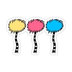 three colorful stickers with different colored hair