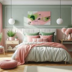 a bedroom with pink and green decor in pastel colors, including bed linens