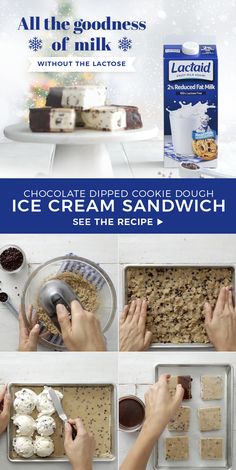 an advertisement for ice cream sandwiches with chocolate dipped cookie dough on top and cookies in the bottom