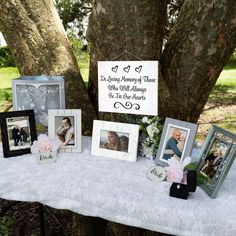 a table topped with pictures and flowers next to a tree