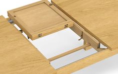 a wooden table with two drawers on each side and an open drawer at the top