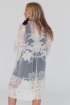 With its intricate design and comfortable fit, the Butterfly Beach Kimono is the perfect addition to any boho wardrobe! Whether you're dressing up or down, this kimono is the perfect finishing touch to any boho look because it features: See-through design crafted from delicate embroidered lace Flowy and lightweight, perfect for warm weather or layering Versatile front tie closure for a customizable fit and added style Intricate butterfly-inspired details for a charming and boho look Your favorit Butterfly Beach, Boho Wardrobe, Loose Kimono, Beach Kimono, Walk This Way, Kimono Style, Boho Look, The Butterfly, Kimono Fashion