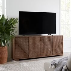 a flat screen tv sitting on top of a wooden cabinet next to a potted plant