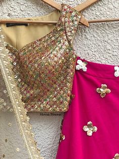 Hot Pink Lehenga, Gold Dupatta, Hot Pink Skirt, Pink Lehenga, Gold Blouse, Dupatta Set, Indian Aesthetic, Gold Border, Steam Iron