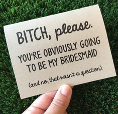 He proposed!  You said YES!  Now it's your turn...it's time for a Bridesmaid proposal!  This Bridesmaid card is perfect for the occasion!  It's a funny bridesmaid card to ask your besties, your sisters, your sisters from another mister to walk down that isle with you!  Bridal party title can be changed for your needs (read more below) CHOOSE YOUR BRIDAL PARTY TITLE (Make your request in the notes to seller section when checking out...bridesmaid, maid of honor, matron of honor, flowergirl, etc.) All cards are designed, printed, cut, folded, packaged, and shipped with love by my two hands! Thank you for supporting this Mama-Owned shop! DETAILS ON YOUR PAPER HUG: 4.25" x 5.50" (standard size A2) Blank inside for your own personal message (or request a printed message) Includes envelope Made u Unique Wedding Ideas Creative Diy, Funny Bridesmaid Proposal Cards, Bridesmaid Cards Funny, Funny Bridesmaid Proposal, Bridesmaid Funny, Be My Maid Of Honor, Pinterest Wedding, Wedding Party Invites, Bridesmaid Proposal Cards