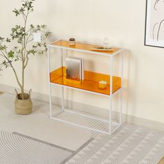 a white and orange shelf next to a potted plant on a rug in a room