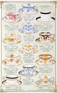 tea cups and saucers are shown in an old fashion print, with different designs on them