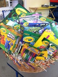 a basket filled with lots of different types of school supplies