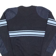 Item is in good used condition. 50% Wool. >Size: S >Armpit To Armpit: 21" >Armpit To Cuff: 19" >Collar To Hem: 25" Navy Fitted Sweater With Ribbed Cuffs, Fitted Navy Sweater With Ribbed Cuffs, Sporty Fitted Crew Neck Sweater, Casual Wool Stretch Tops, Stretch Wool Casual Tops, Casual Stretch Wool Tops, Fitted Knit Sweater For Streetwear, Navy Fitted Long Sleeve Sweater, Fitted Cotton Knit Sweater