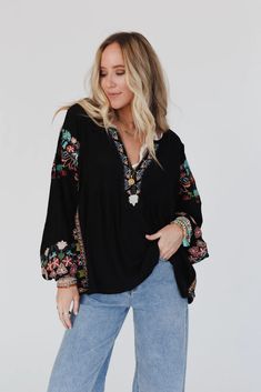 Frida Embroidered Dolman Sleeve Top - Black | Three Bird Nest Bohemian Long Sleeve Embroidered Top For Vacation, Bohemian V-neck Embroidered Top, Bohemian Embroidered Long Sleeve Top With Boho Collar, Bohemian Embroidered Relaxed Fit Blouse, Casual Embroidered Top With Boho Collar For Spring, Flowy Cotton Blouse With Floral Embroidery, Bohemian Embroidered Peasant Top For Spring, Bohemian Embroidered Top With Boho Collar, Bohemian Embroidered Peasant Top For Fall