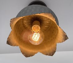 a light that is hanging from the ceiling in front of a lamp shade with a flower design on it