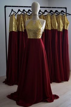 Burgundy Silk Georgette/Chiffon With Top Sequin Gold Bridesmaid Dress, Floor Length Sequin Evening D Gold Bridesmaid Gown For Prom Season, Gold Bridesmaid Evening Dress For Prom Season, Gold Chiffon Party Dress, Red Chiffon Bridesmaid Evening Dress, Red Chiffon Evening Dress For Wedding, Party Floor-length Bridesmaid Dress With Lace Bodice, Party Bridesmaid Dress With Lace Bodice, Floor-length, Chiffon Dress With Sweep Train For Prom, Sequin Chiffon Evening Dress For Banquet