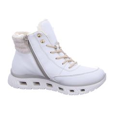 Rieker M601080 M60 Women's Shoes, White Rieker M601080 M60 Women's Shoes - White Stay stylish and comfortable with these Rieker M601080 M60 women's shoes. Perfect for the autumn/winter season, these shoes feature a 4cm heel height and a normal (G) width for a comfortable fit. The upper material is made of synthetic leather, while the inner material is textile, and the sole is made of EVA for durability.  Keep your shoes looking great by gently removing dust and dirt with a soft shoe brush or a lint-free, slightly damp cloth. White Low-top Winter Boots, White Low-top Boots With Rubber Sole, White Leather Walking Shoes With Removable Insole, White Leather Walking Shoes With Rubber Sole, Sporty White Lace-up Boots, White Sporty Lace-up Boots, White Winter Sneakers With Cushioned Footbed, White Low-top Synthetic Boots, White Synthetic Walking Shoes With Ortholite Insole