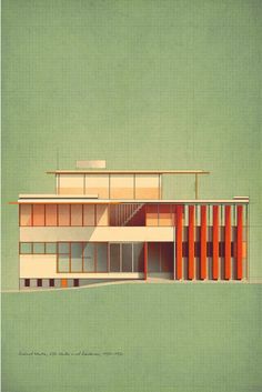 an architectural drawing of a building with orange and white stripes on the outside, against a green background