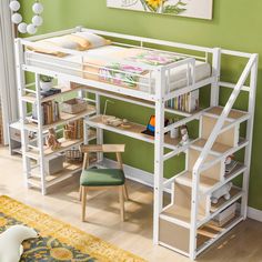 a white loft bed sitting on top of a wooden floor next to a green wall