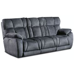 the reclining sofa is shown in grey fabric