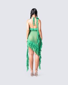 it's one thing to know you look good, it's another to know you are the literal center of attention 😌 Show them a type of beauty they've never seen before in this green ruffled mini dress constructed from a sheer, mesh fabric and complete with a rosette trim 💚 Leave little to the imagination -- dress is sheer & undergarments are not included Green Mini Dress With Ruffle Hem, Flirty Sheer Summer Dress, Flirty Sheer Dress For Summer, Green Fitted Sheer Mesh Dress, Green Sleeveless Mesh Dress For Summer, Party Mini Dress With Ruffled Chiffon Skirt, Sleeveless Green Mesh Dress For Summer, Fitted Green Sheer Mesh Dress, Fitted Sheer Green Mesh Dress