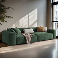 a green couch sitting in front of a window next to a tall potted plant